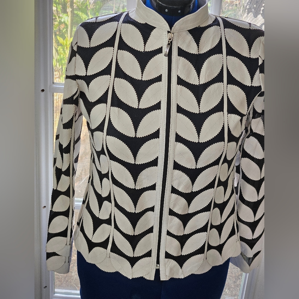 Lamb Leather Jacket Leaf Appliques Size Large